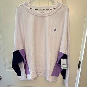 AK Sport Reagan Women's L WhitePurpleBlack Colorblock Crew Neck Pullover Top NWT